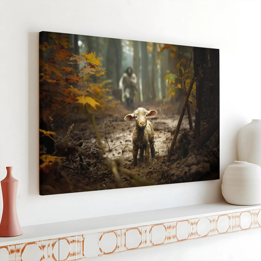 The Lost Sheep Canvas Wall Art | Shepherd Jesus Biblical Scene | Premium Gallery Wrap Print | Christian Home Decor Gift