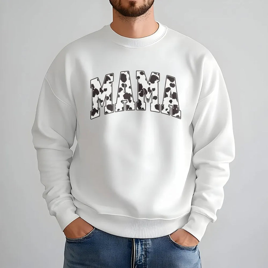 Cow Print Mama Sweatshirt | Western Cowgirl Varsity Graphic Pullover | Premium Cotton Blend | Cute Country Farm Mom Gift for Her
