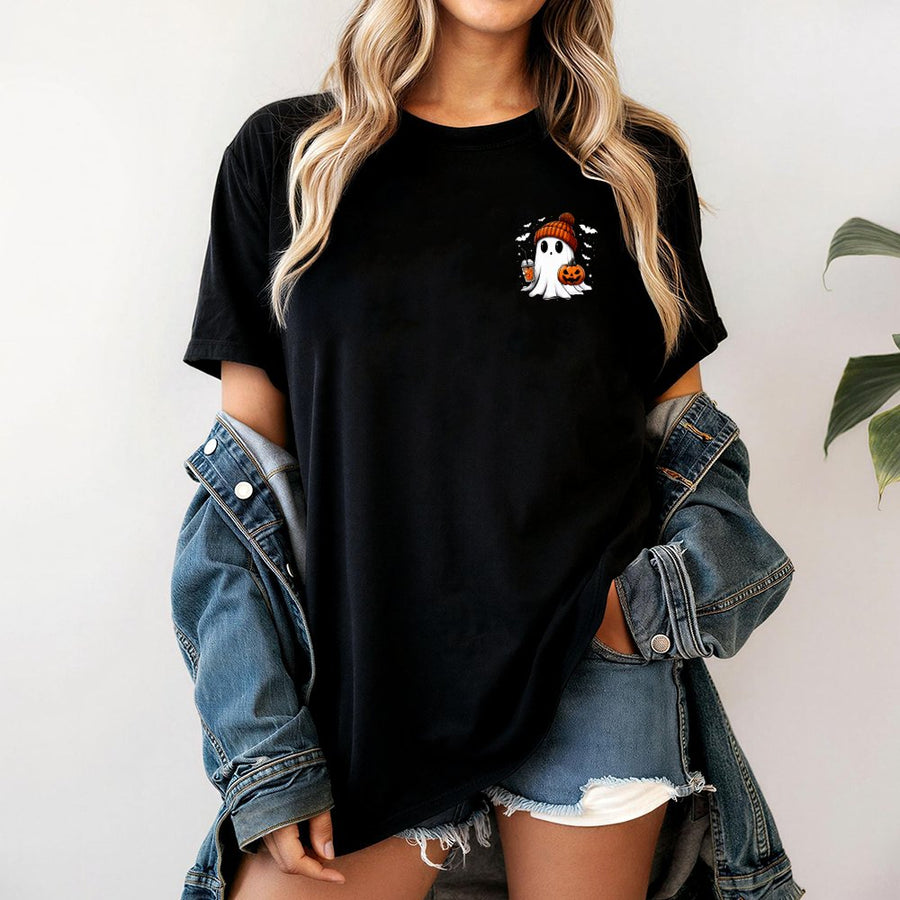 Cute Ghost T-Shirt | Iced Coffee Pumpkin Halloween Graphic | Premium 100% Cotton Tee | Spooky Season Gift For Women and Men