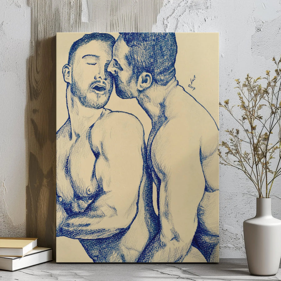 Gay Male Couple Art Canvas | Intimate Blue Sketch | Premium 1.25" Gallery Wrap | Bedroom Wall Decor for Men & Collectors