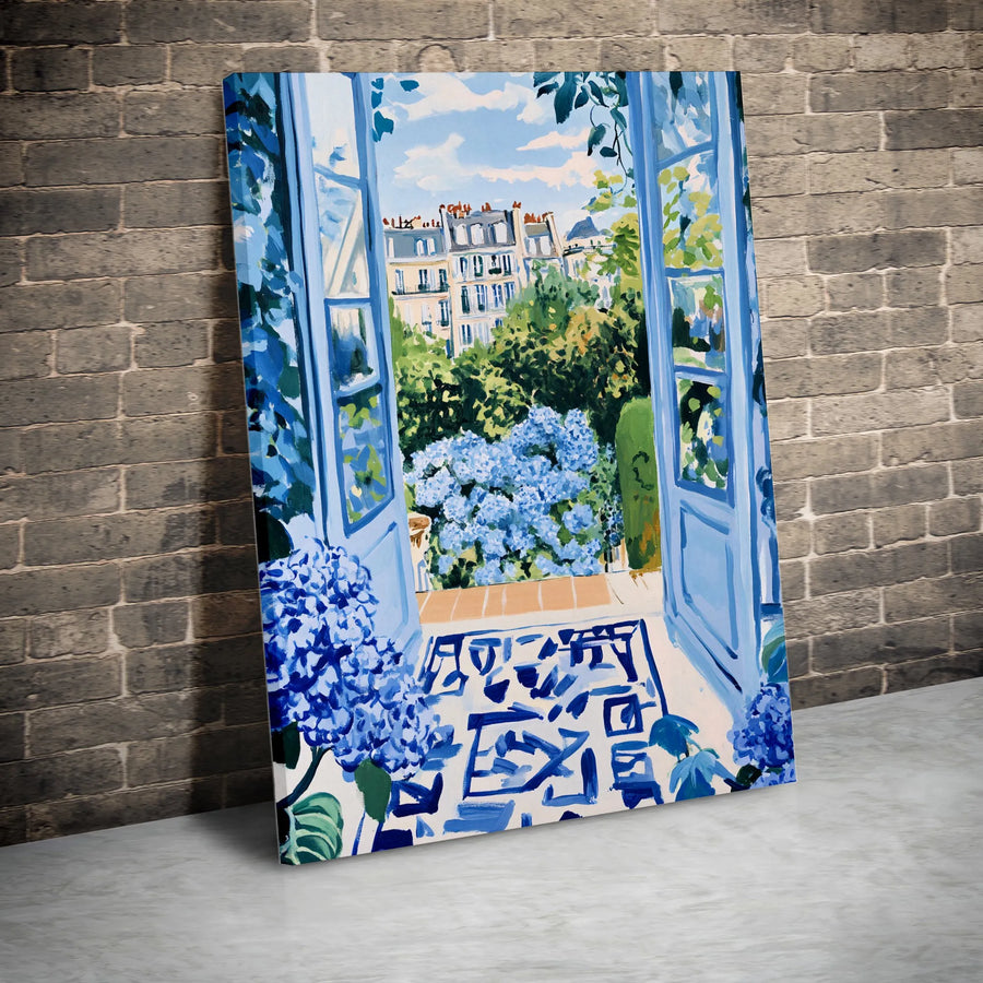 Parisian Balcony Canvas Print | Impressionist Blue Hydrangea View | Premium Gallery Wrap Wall Art | French Country Home Decor Gift