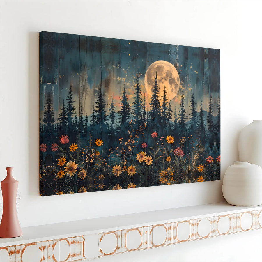 Full Moon Pine Forest Wall Art | Rustic Wildflower Field Canvas Print | 1.25" Gallery Wrap | Nature Landscape Decor for Living Room