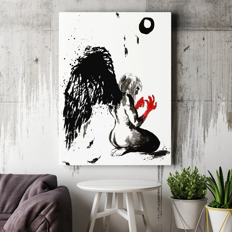 Fallen Angel Canvas Wall Art | Dark Gothic Ink Wash Painting | Premium Gallery Wrapped Decor | Moody Bedroom Gothic Home Decor Gift