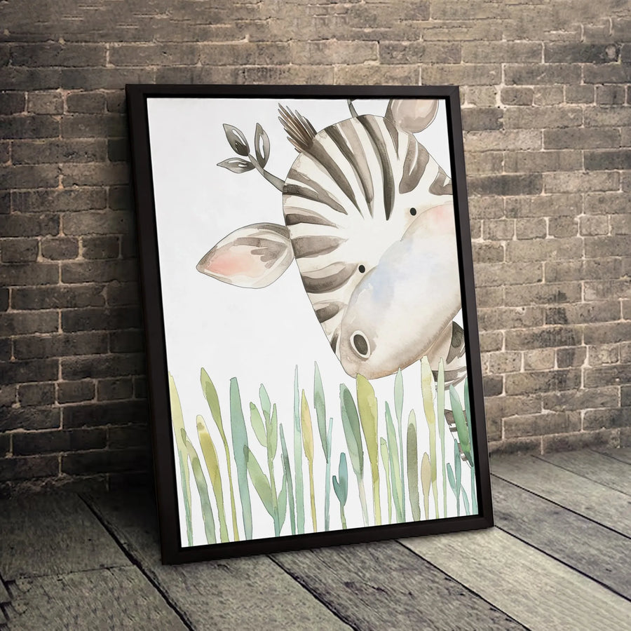 Cute Watercolor Zebra Canvas Print | Peeking Safari Animal Wall Art | Premium Gallery Wrapped Decor | Nursery Or Kids Bedroom Gift