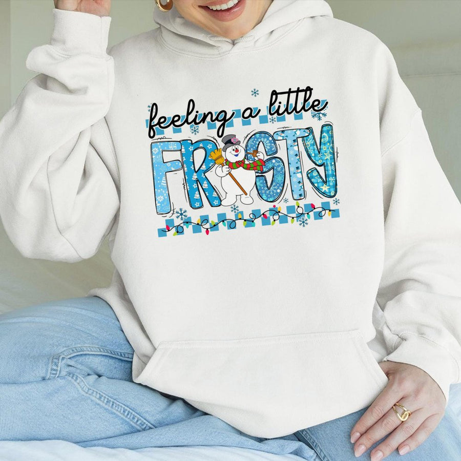 Feeling A Little Frosty Hoodie | Cute Snowman Christmas Lights Graphic | Cotton Blend Premium Pullover | Winter Holiday Gift For Her