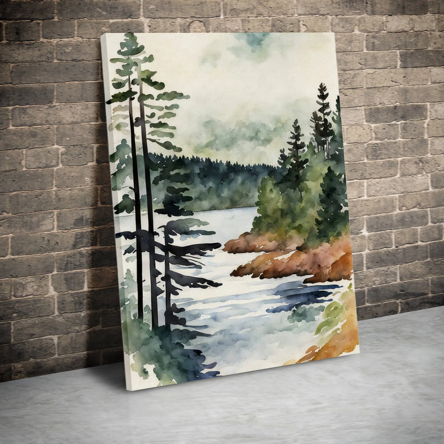 Forest Lake Landscape Canvas | Watercolor Pine Trees Wall Art | Gallery Wrapped 1.25" Profile | Nature-Inspired Premium Home Decor