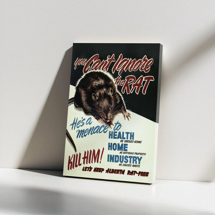 Vintage Rat Propaganda Canvas Wall Art | Historic Alberta Rat Control Poster | Premium Gallery Wrapped Canvas | Unique Collector's Gift for History Buffs