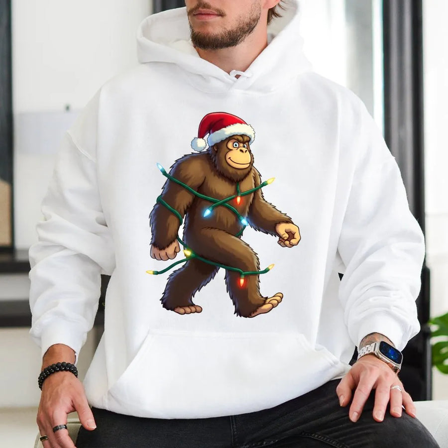 Bigfoot Christmas Lights Hoodie | Funny Sasquatch Santa Hat Graphic | Premium Cotton Blend Sweatshirt | Unique Holiday Gift For Men And Women