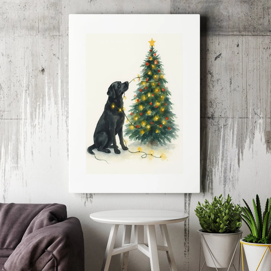 Black Labrador Christmas Wall Art | Watercolor Dog Decor with Holiday Lights | Gallery-Quality Premium Canvas | Perfect Gift for Dog Lovers