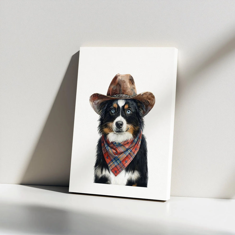 Australian Shepherd Wall Art | Cowboy Dog Watercolor Painting | Premium Gallery Wrapped Canvas | Western Farmhouse Decor Gift