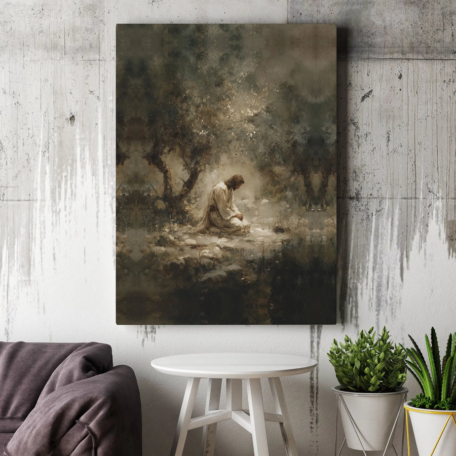 Jesus Praying Canvas Wall Art | Garden of Gethsemane Painting | Premium Gallery Wrapped Canvas | Christian Home Decor Gift