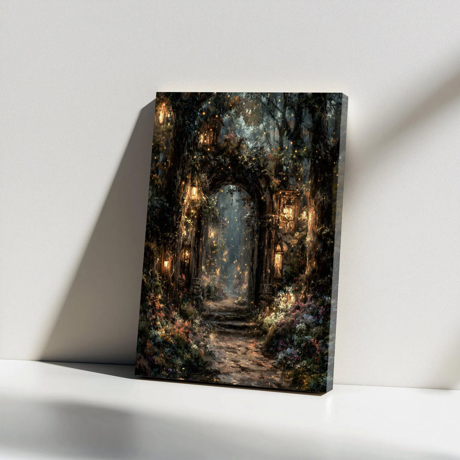 Enchanted Forest Canvas Wall Art | Magical Gateway with Glowing Lanterns | Premium Frameless Gallery Wrap | Fantasy Home Decor Gift