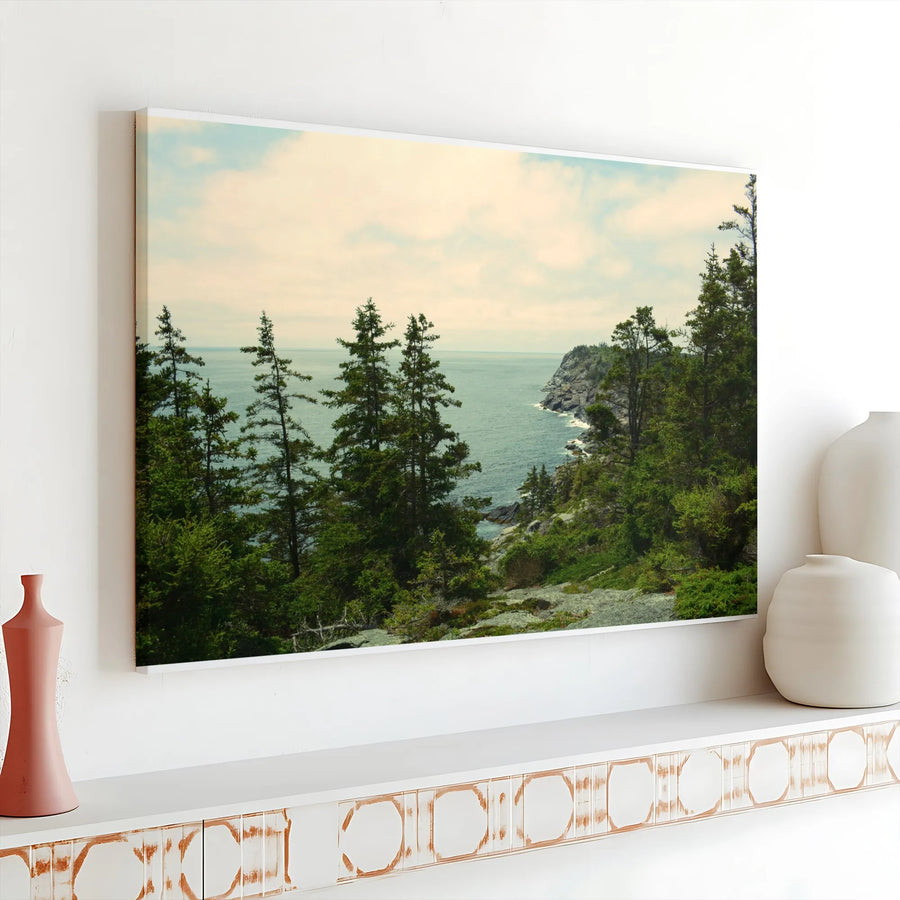 Coastal Forest Canvas Wall Art | Rocky Coastline with Pine Trees | Premium Gallery Wrapped Canvas | Rustic Cabin Decor Gift