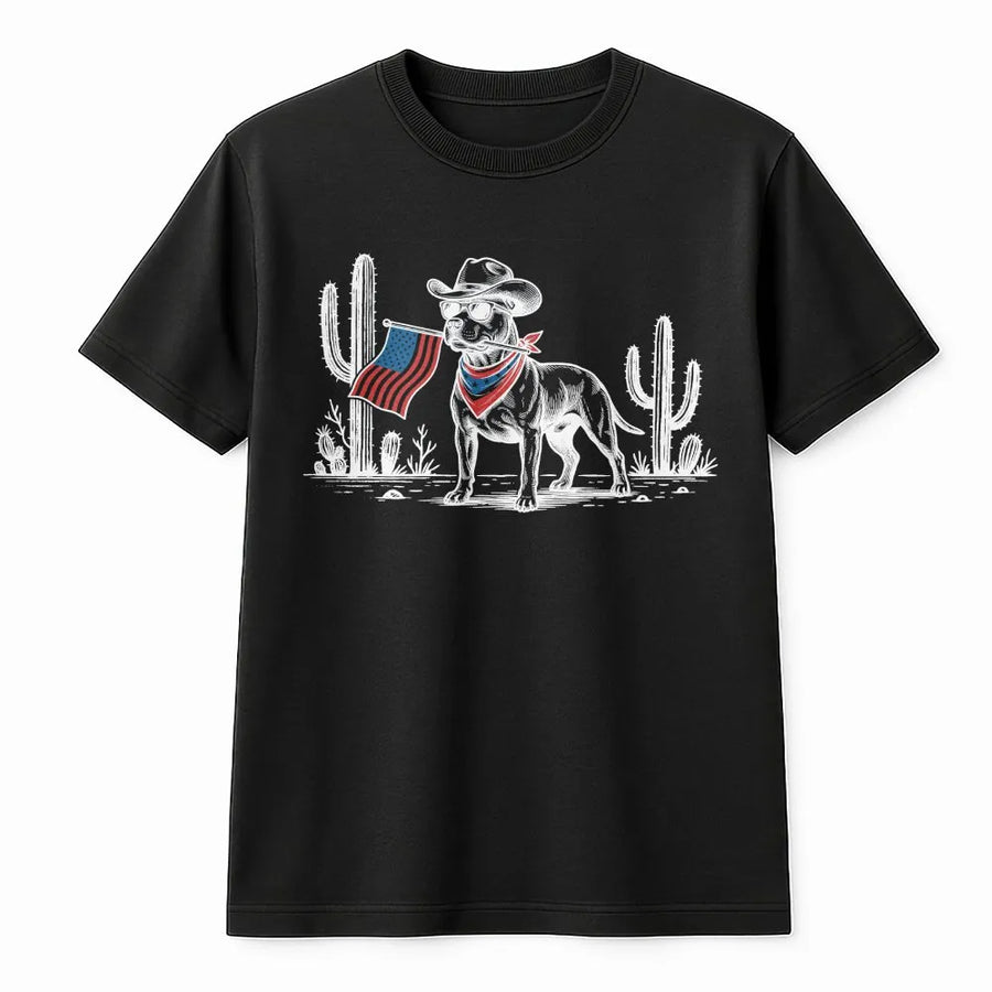 Patriotic Cowboy Dog T-Shirt | American Flag Pitbull Graphic | Premium Cotton-Blend Pullover | 4th of July Gift for Dog Lovers