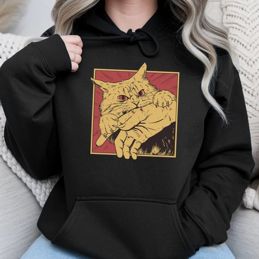 Angry Cat Biting Hand Hoodie | Retro Horror Graphic Pullover | Premium Cotton Blend Sweatshirt | Unique Gift for Cat Lovers & Edgy Fashion