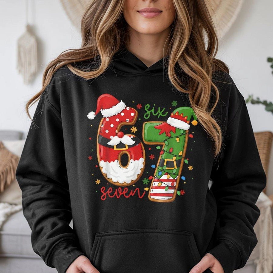 67 Christmas Hoodie | Funny Santa and Elf Number Graphic | Cotton-Blend Premium Apparel | Unisex Holiday Gift for Birthday or Party