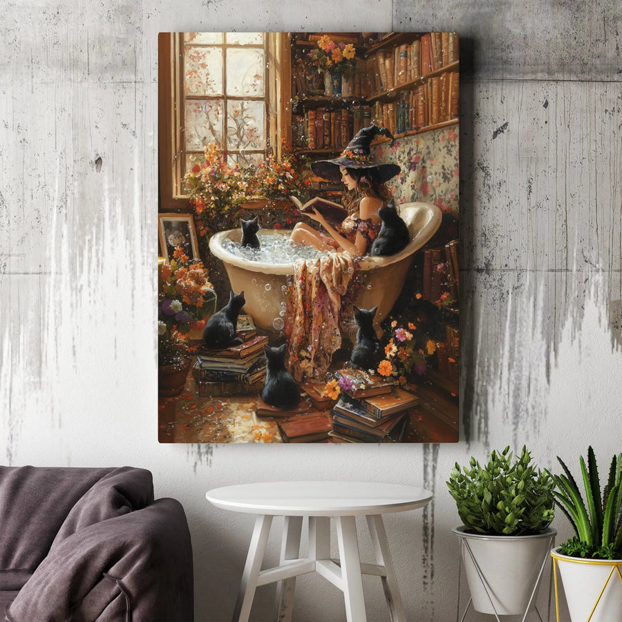Witch Reading Book Canvas Art | Whimsical Bathtub & Black Cats Decor | Gallery-Wrapped Premium Print | Spooky Gothic Home Gift for Book Lovers