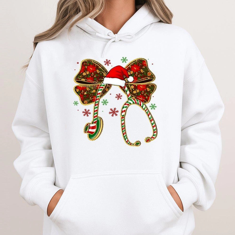 Christmas Nurse Hoodie | Stethoscope Bow Holiday Design | Soft Cotton-Poly Blend | Gift For Nurse Student RN Nursing School