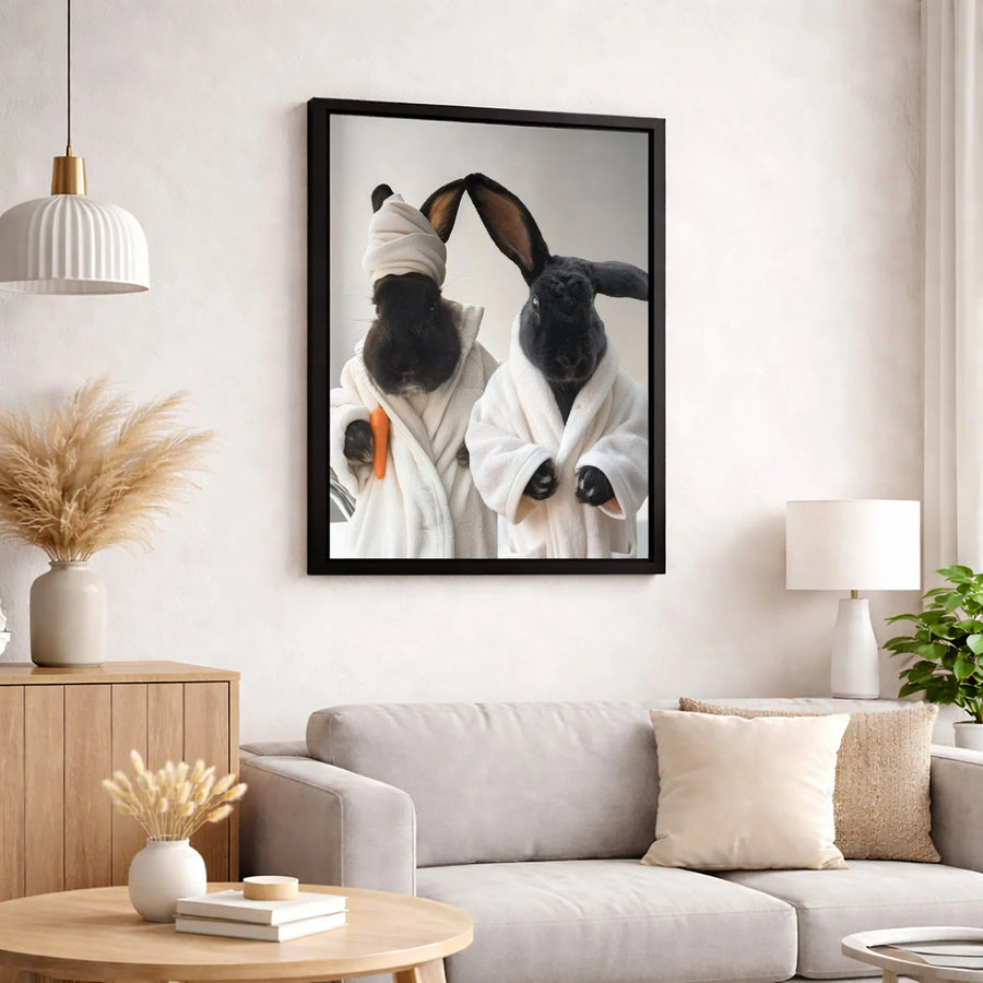 Funny Rabbit Wall Art | Cute Bunnies in Bathrobes Print | Premium Gallery Wrapped Canvas | Whimsical Bathroom Home Decor Gift