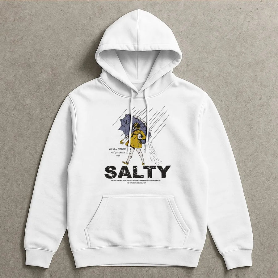 Salty Graphic Hoodie | Retro Umbrella Rain Design | Premium Cotton Blend | Funny Sarcastic Gift for Her or Him