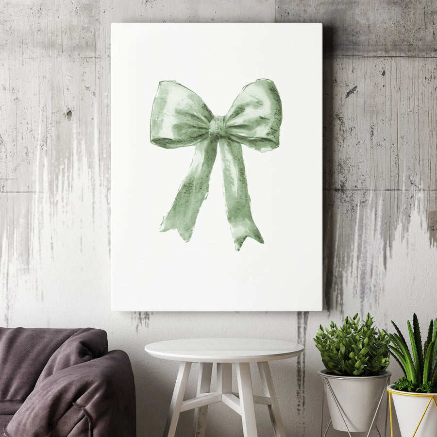Sage Green Bow Canvas Wall Art | Minimalist Watercolor Ribbon Print | Premium 1.25-inch Gallery Wrapped | Aesthetic Home Decor for Women