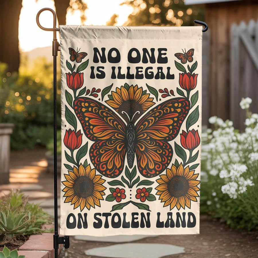 No One Is Illegal Garden Flag | Butterfly Sunflower Social Justice Decor | Premium Weather-Resistant Polyester | Activist Yard Sign Gift