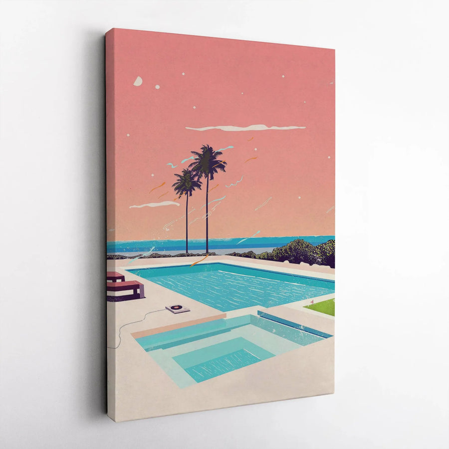 Retro Poolside Canvas Print | Minimalist Palm Tree Art with Vaporwave Aesthetic | Premium Gallery Wrapped Canvas | Modern Home Decor Gift for Living Room