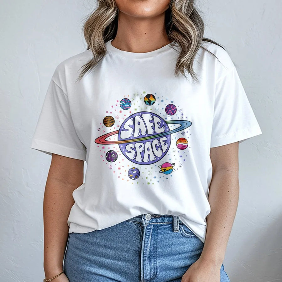 Safe Space T-Shirt | LGBTQ Pride Planet Graphic | Premium Soft Cotton Tee | Inclusive Apparel Gift For Allies