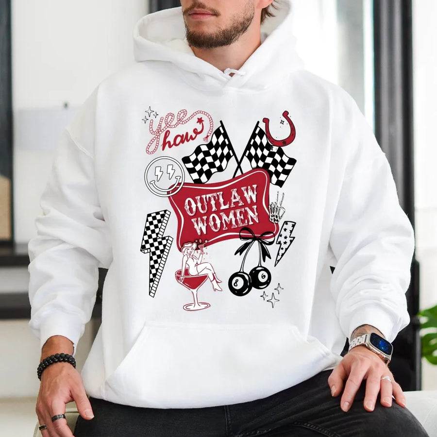 Outlaw Women Western Hoodie | Retro Cowgirl Checkerboard Graphic | Premium Cotton Blend | Gift For Country Music Fans