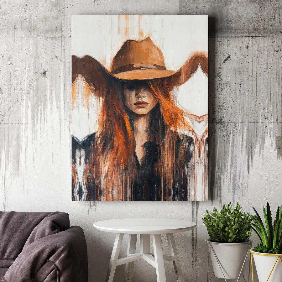Western Cowgirl Canvas Wall Art | Abstract Redhead Portrait Painting | Premium Gallery Wrapped Print | Southwestern Farmhouse Decor Gift
