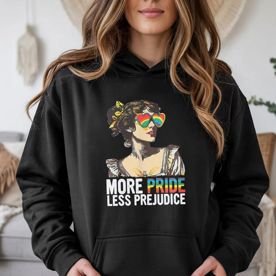 More Pride Less Prejudice Hoodie | Rainbow Heart Sunglasses Art | Cotton-Poly Blend | LGBTQ Pride Month Gift for Ally
