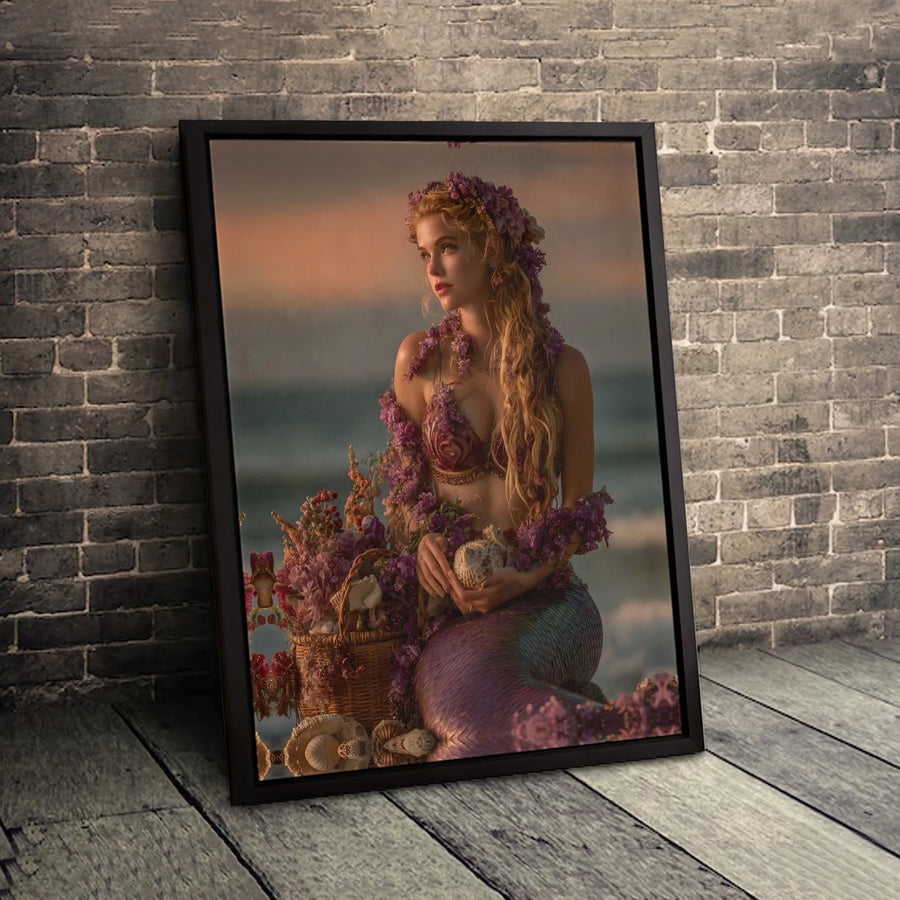 Mermaid Wall Art | Blonde Sea Goddess With Purple Flowers | Premium Fade-Resistant Canvas | Coastal Bedroom Decor Gift