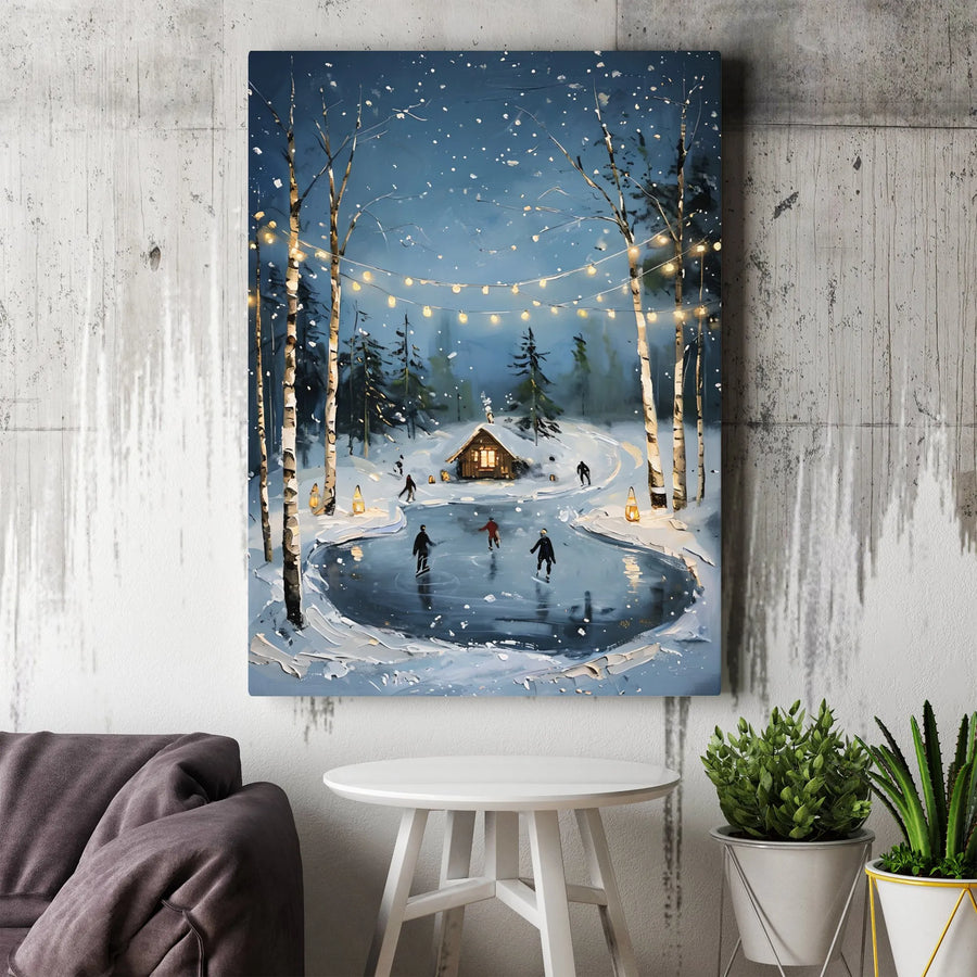Winter Ice Skating Wall Art | Snowy Forest Cabin with String Lights | Premium Gallery Wrapped Canvas | Cozy Holiday Home Decor Gift