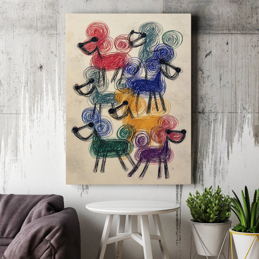 Colorful Poodle Dog Canvas Wall Art | Abstract Scribble Line Art Design | Premium 1.25 inch Gallery Wrap | Modern Home Decor Gift for Dog Lovers