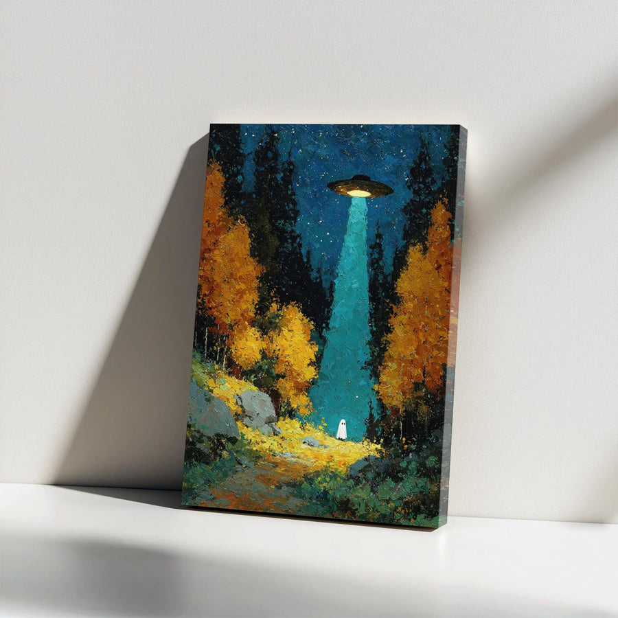 UFO Abduction Ghost Canvas Print | Spooky Forest Landscape Art | Premium Gallery Wrapped Decor | Unique Halloween Wall Art Gift