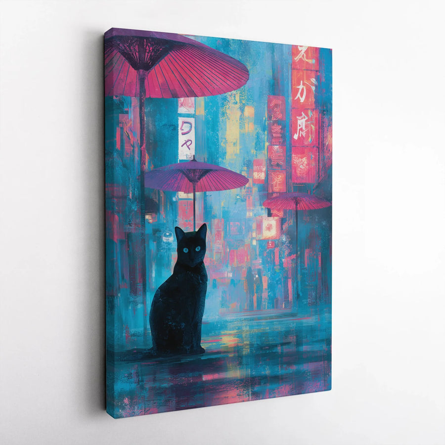 Cyberpunk Black Cat Canvas Wall Art | Rainy Japanese Street Neon Decor | Premium Gallery Wrap Print | Unique Gift for Anime Fans