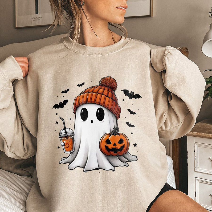 Cute Ghost Sweatshirt | Pumpkin Spice Coffee Spooky Season Graphic | Premium Cotton Blend | Unisex Halloween Gift for Women