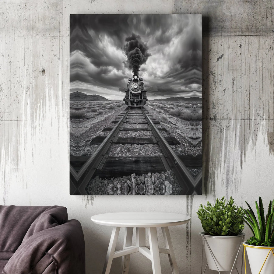 Steam Train Canvas Wall Art | Dramatic Black and White Locomotive Photography | Premium Gallery Wrap Print | Industrial Home Office Decor