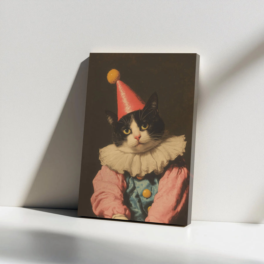 Tuxedo Cat Clown Canvas Print | Vintage Whimsical Animal Portrait | Gallery-Wrap Premium Wall Art | Unique Home Decor Gift for Cat Lovers