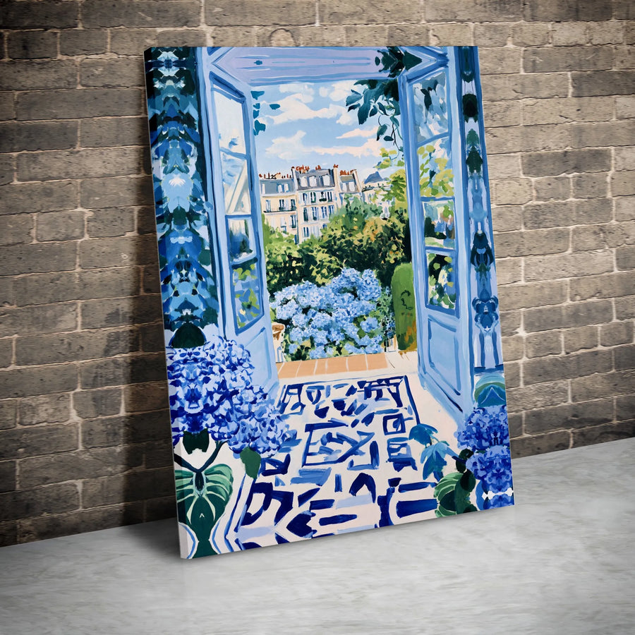 Parisian Balcony Canvas Wall Art | Impressionist View with Blue Hydrangeas | Thick Gallery Wrap Canvas | Modern French Country Decor Gift