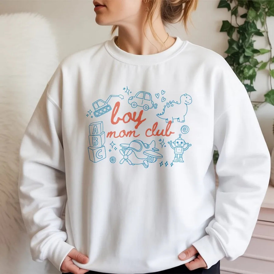 Boy Mom Club Sweatshirt | Cute Toy Doodle Graphic Crewneck | Cozy Cotton Blend Pullover | Mother's Day Gift for New Mama of Boys
