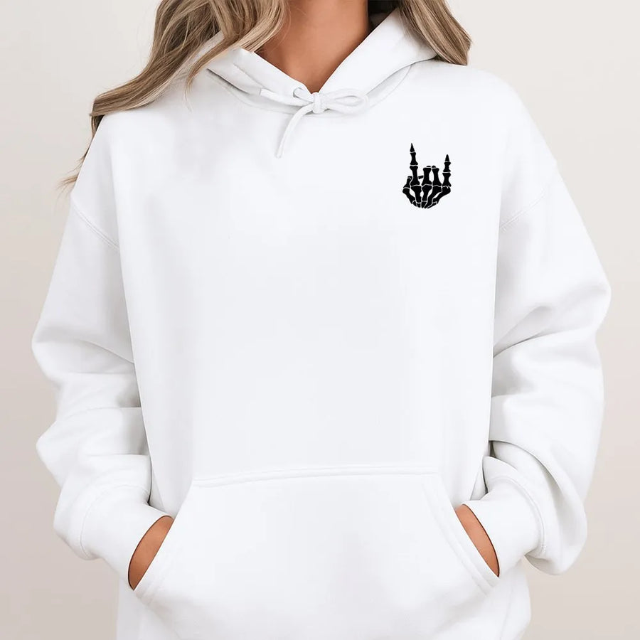Skeleton Hand Hoodie | Minimalist Rock On Chest Graphic | Premium Cotton Blend | Gift for Rock Music Fan