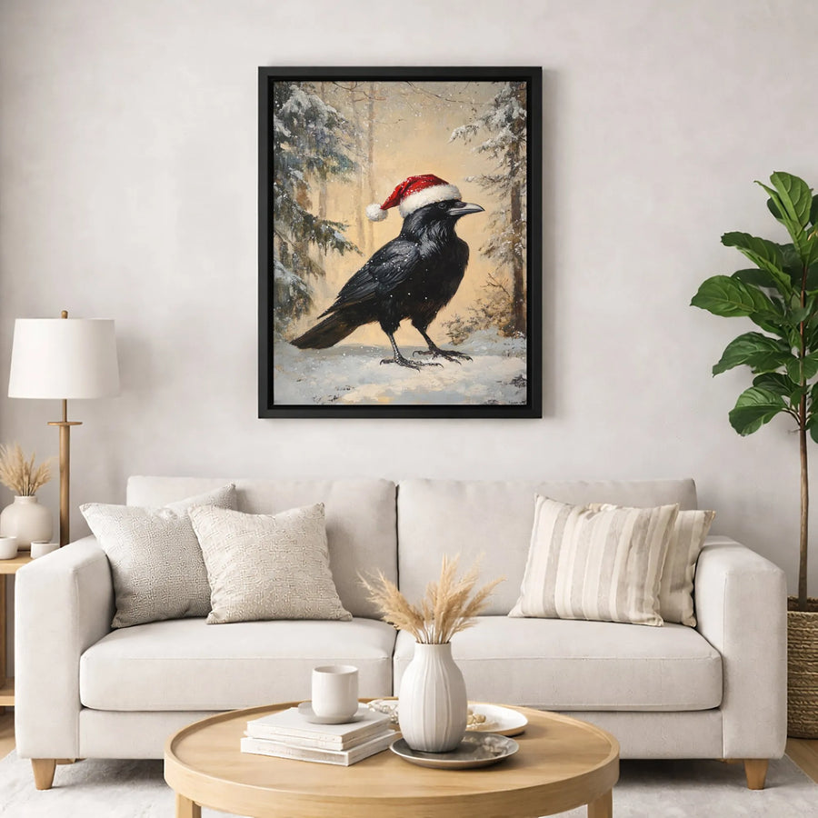 Christmas Crow Canvas Wall Art | Winter Raven in Santa Hat Painting | Premium Gallery-Wrapped Decor | Unique Holiday Gift for Bird Lovers