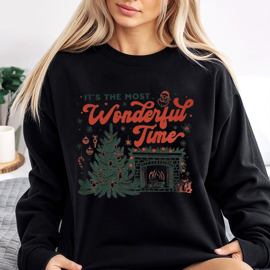 It's The Most Wonderful Time Christmas Sweatshirt | Vintage Holiday Tree & Fireplace Graphic | Premium Cotton Blend | Cozy Festive Gift for Her