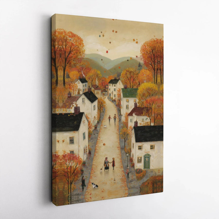 Autumn Village Canvas Wall Art | Whimsical Fall Landscape Painting | Premium Gallery-Wrapped Print | Cozy Home Decor Gift