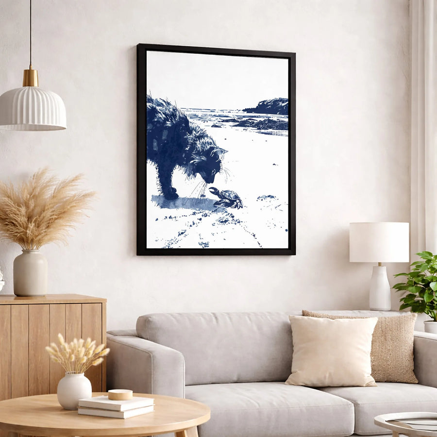 Cat and Crab Beach Canvas Wall Art | Coastal Indigo Sketch Illustration | Premium Gallery Wrap Print | Nature-Inspired Home Decor Gift