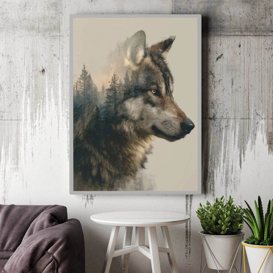 Wolf Canvas Wall Art | Double Exposure Pine Forest Silhouette | Premium Fade-Resistant Print | Rustic Cabin Decor Gift for Nature Lover