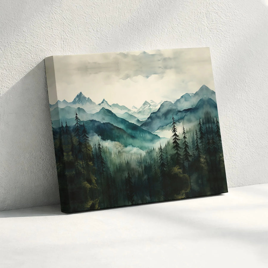 Misty Mountain Forest Canvas Wall Art | Watercolor Nature Landscape Print | Premium Gallery Wrapped Decor | Modern Home Office Gift