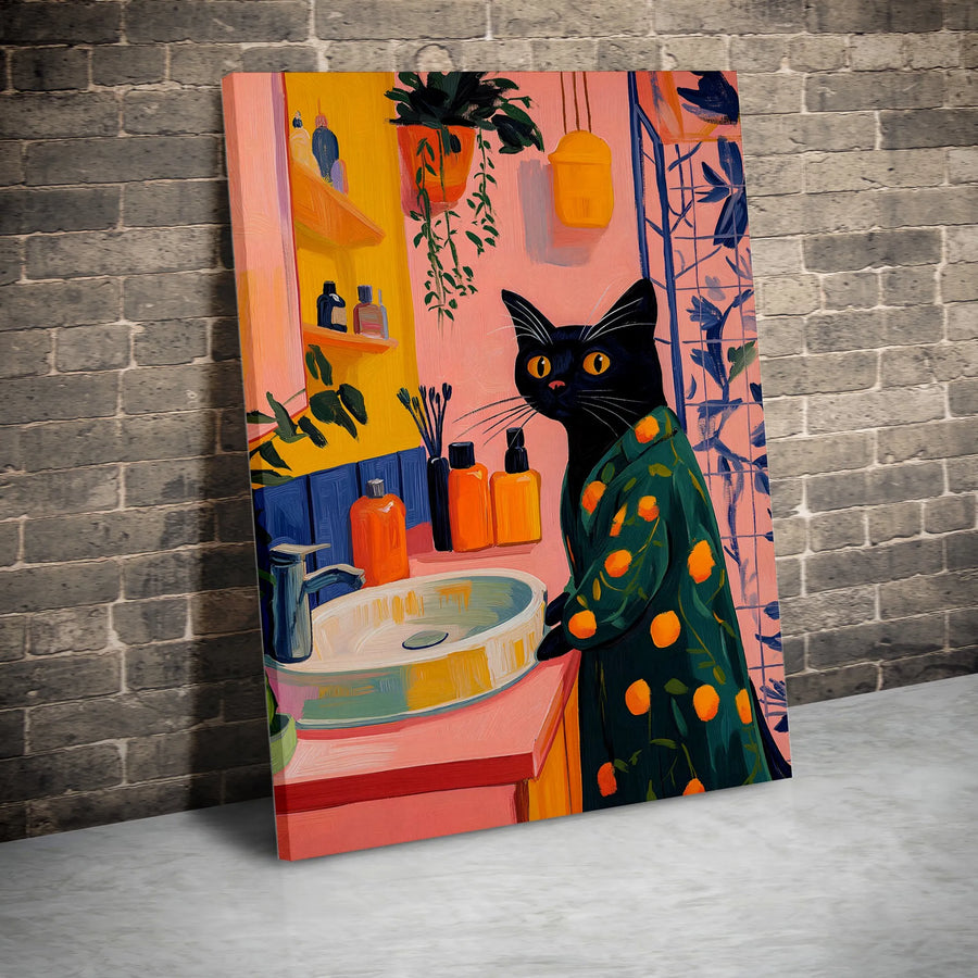 Black Cat Bathroom Wall Art | Quirky Orange Print Robe Illustration | Premium 1.25 Inch Gallery Canvas | Whimsical Home Decor Gift