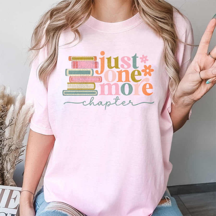 Just One More Chapter T-Shirt | Retro Book Stack Graphic Design | 100% Cotton Premium Tee | Gift for Book Lovers and Readers